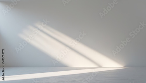 Empty room with diagonal light shadows on the wall and floor. Minimalist interior, simplicity, and natural light concept.