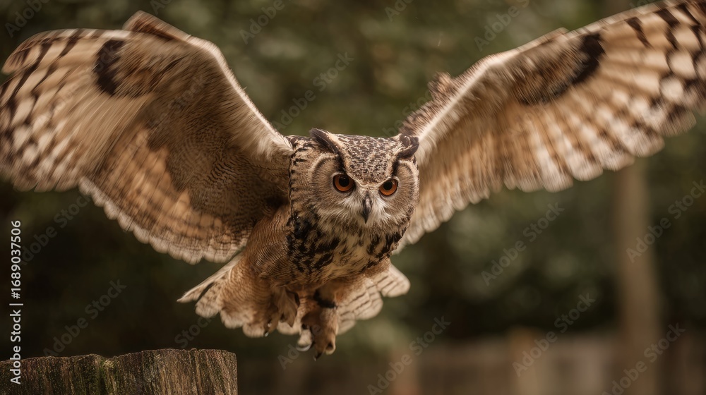 Fototapeta premium Stunning nocturnal owl in flight showcasing detailed feathers large wingspan and captivating eyes in a natural forest environment perfect for wildlife and nature photography