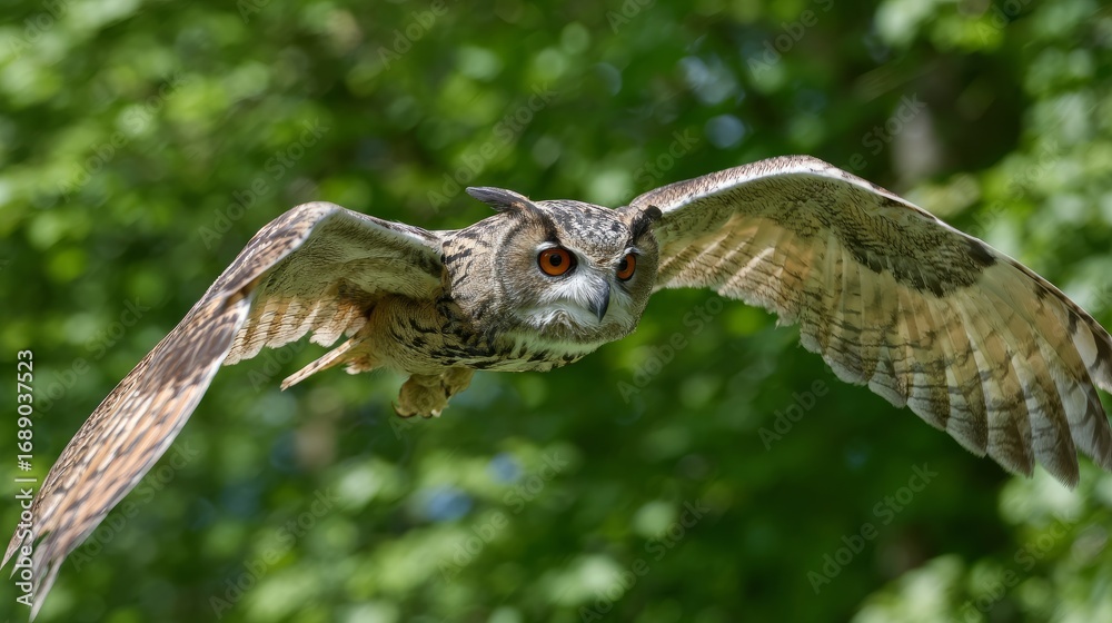 Fototapeta premium Majestic owl in flight captured in natural forest habitat showcasing detailed feathers powerful wings and nocturnal hunting behavior in stunning wildlife photography