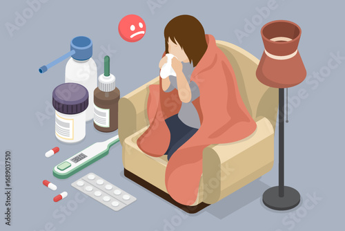 Girl sitting in a chair at home and is sick with the flu, cold, grippe. Woman has cough, runny nose, fever and other influenza symptoms. 3d flat isometric vector illustration.
