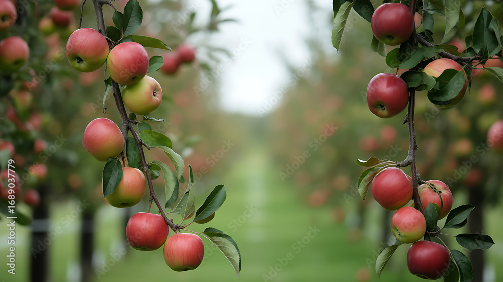Fototapeta premium Heavy branches laden with ripe red apples frame a view down a long row of trees in a tranquil orchard.