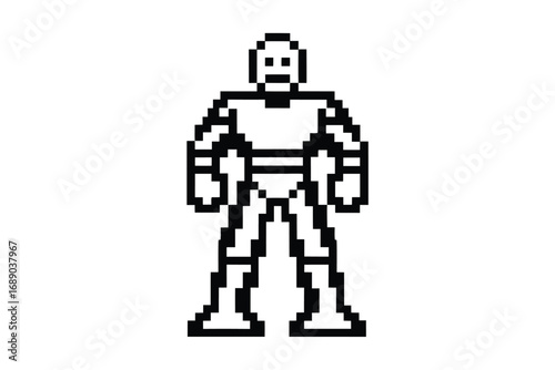 Pixelated Black and White Robot Character with Detailed Design on White Background