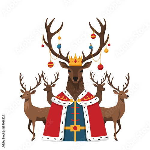 Reindeer King wearing crown and ornaments surrounded by smaller reindeer, transparent background, isolated, vector 