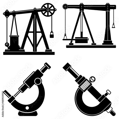 Illustration showing oil derricks and microscopes in black and white silhouette style on a white background