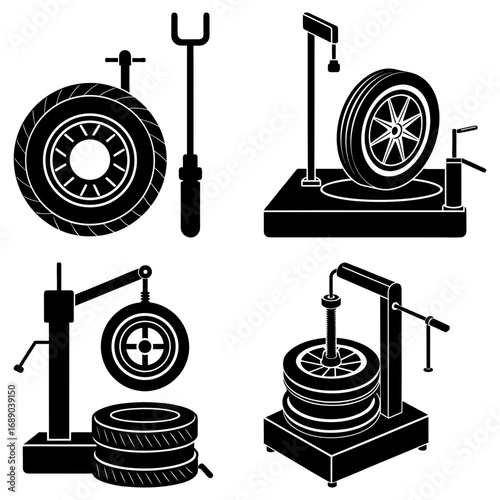 Black and white illustration of tire changing equipment and tools in various configurations and orientations
