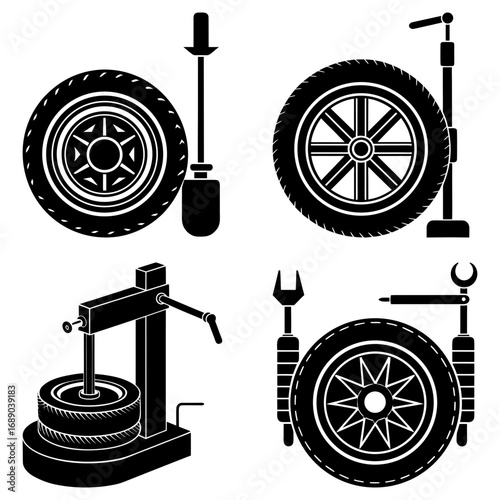 Black and white illustration of tire changing equipment and tires in various configurations and tools