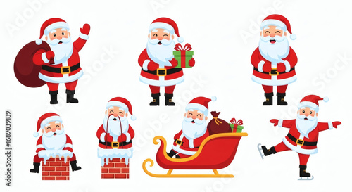 Santa Claus Characters in Various Poses with Festive Christmas Holiday Activities and Red Suits