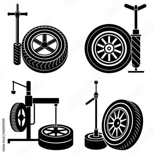 Illustration showing tire repair equipment including pumps and tire changing machine in black and white