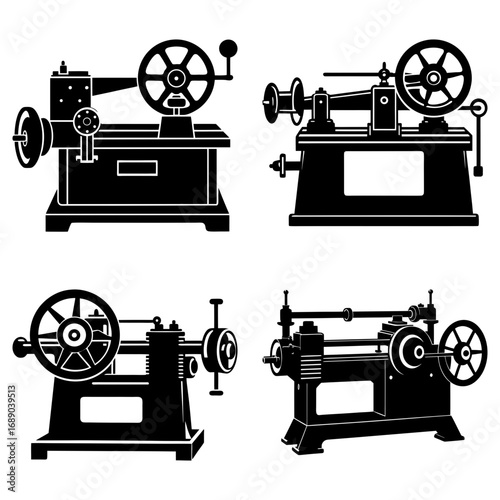 Illustration of four vintage lathe machines with wheels and handles in black silhouette style drawing art