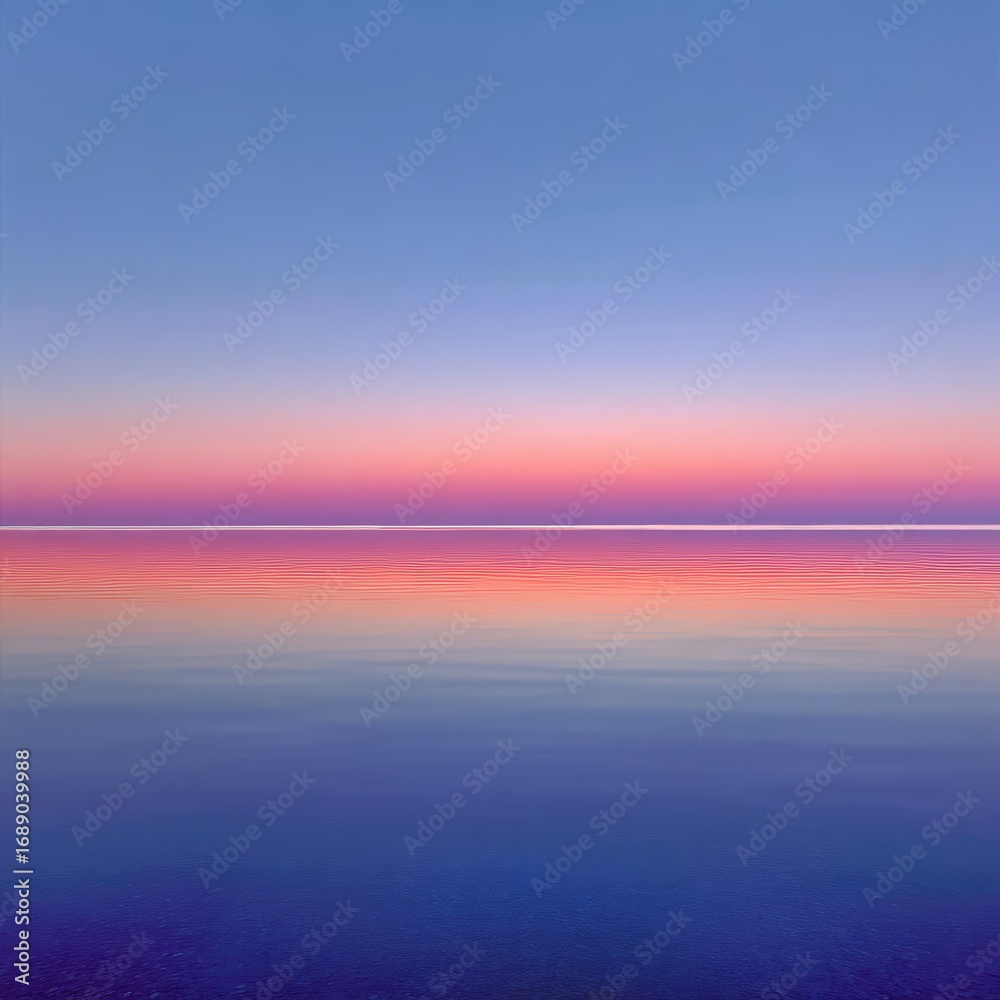 Fototapeta premium Serene, minimal vista. Water reflects soft pastel sunrise hues, creating a calming symmetrical scene. Top sky is light blue, transitioning through pink