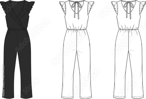 Fashion jumpsuit flat sketch, technical drawing of women's ruffle jumpsuit, front and back view, vector template, fashion design, garment illustration for designers.