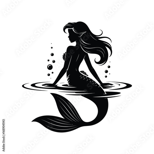 Elegant Mermaid Silhouette Illustration in Water with Bubbles and Ripples Design Element