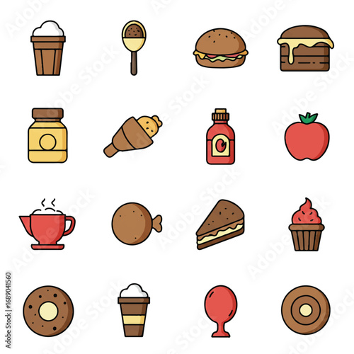 Various food items arranged in a grid showcasing different meals and snacks on a white surface, creating a vibrant and appetizing display.