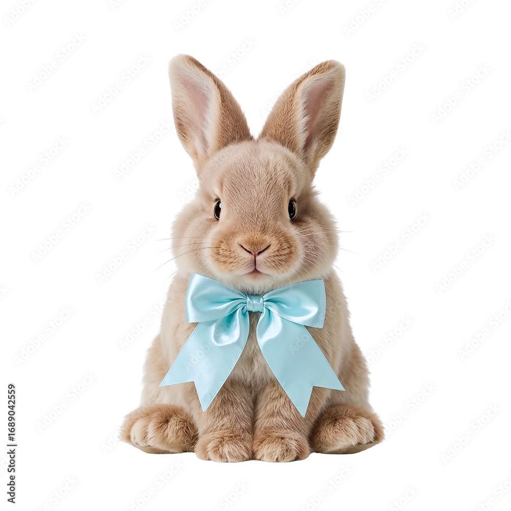 Fototapeta premium Easter bunny with pastel blue bow isolated sitting on white background 