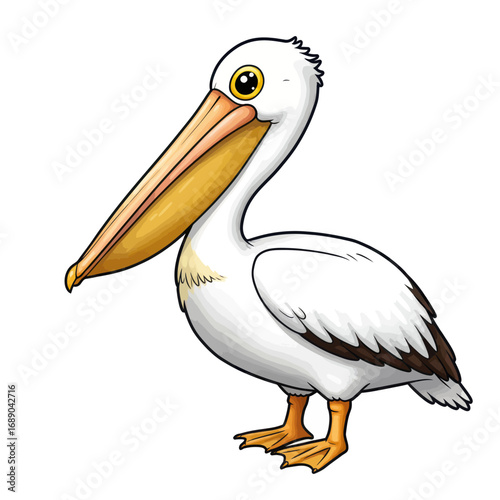 Cute Cartoon White Pelican Illustration with Large Yellow Beak and Webbed Feet.