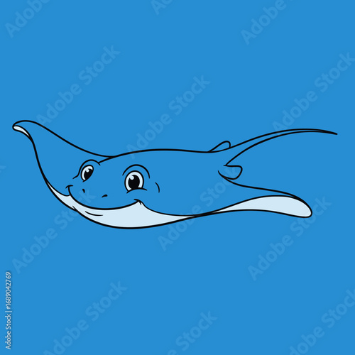 Cute cartoon light blue stingray with a smiling face and big eyes, swimming gracefully.