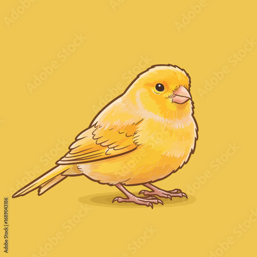 Vibrant yellow canary bird illustration, standing with detailed feathers, small beak, and dark eyes.