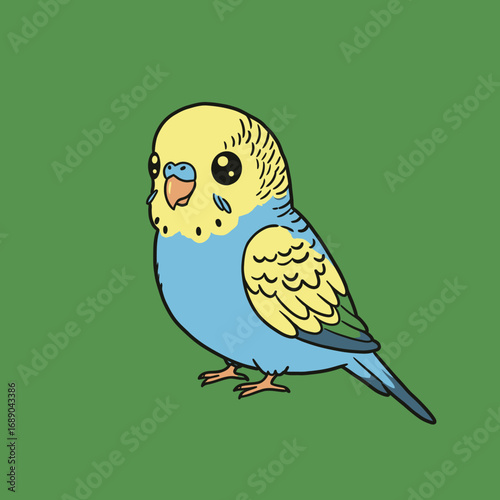 Vibrant cartoon budgerigar illustration with a cheerful yellow head, sky blue body, and large, expressive black eyes.