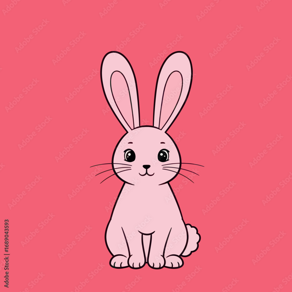 Fototapeta premium Adorable Pink Cartoon Rabbit with Long Ears and Whiskers, Sitting Upright.