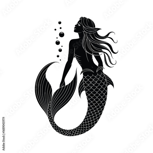 Elegant Mermaid Silhouette Illustration with Flowing Hair and Bubbles on White Backdrop