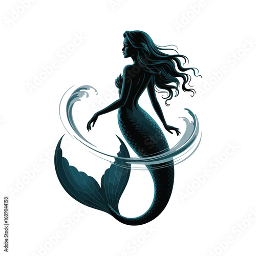 Enchanting Mermaid Silhouette Illustration with Flowing Hair and Water Swirls Design