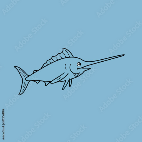 A simple, hand-drawn cartoon swordfish with a long pointed bill and a large dorsal fin, depicted in a clean line art style.