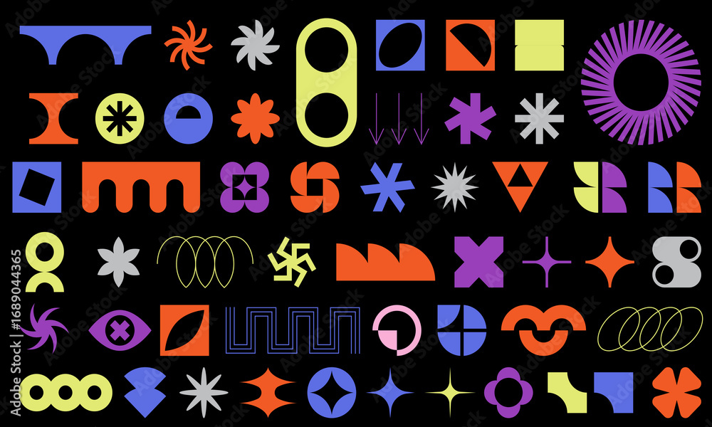 Obraz premium Vector set of brutalist geometric shapes. Trendy abstract minimalist figures, stars, flowers, circles. Modern abstract graphic design elements.