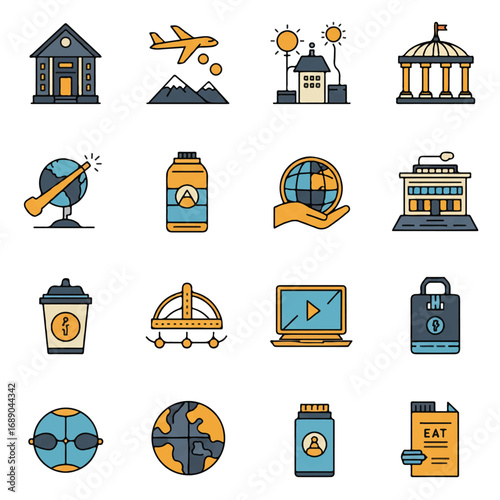 Collection of various line art symbols representing travel, technology, and food in a modern, minimalist style on a clean white canvas.