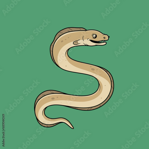 A friendly cartoon eel with a tan body and white underbelly, curved in an S-shape.