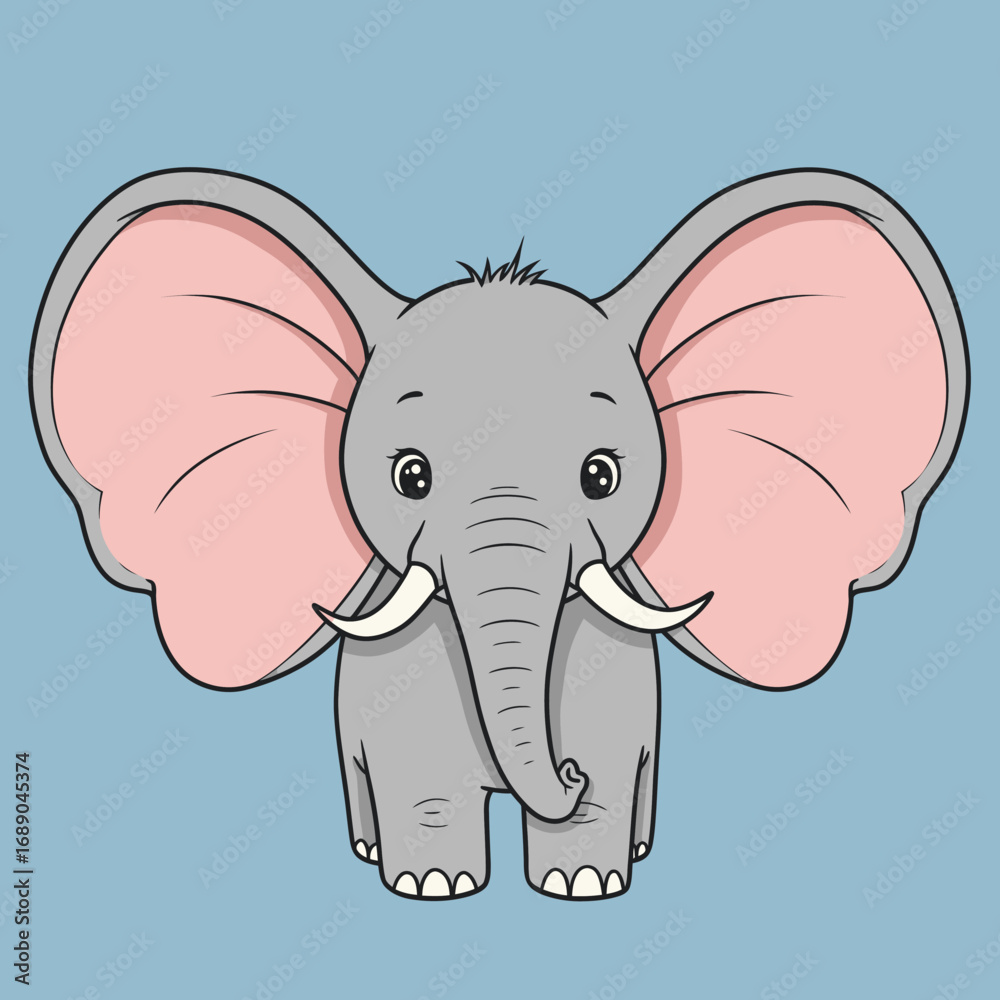Naklejka premium Adorable gray baby elephant cartoon with large pink ears and small white tusks.