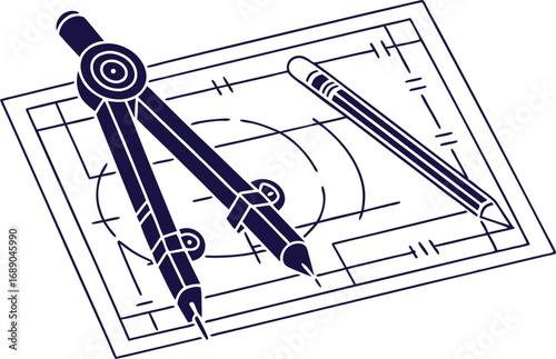 The technical drawing and architectural blueprint of a house with a ruler and pencil are key tools for a construction project