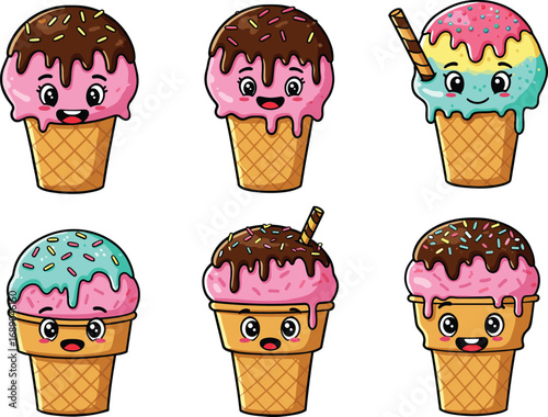 Cute cartoon ice cream cones with happy faces, kawaii dessert illustration, chocolate topping, colorful sprinkles, sweet summer food, isolated background