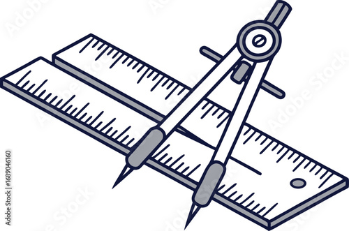 Ruler and pencil vector drawing of a metal measuring tool for precision and engineering