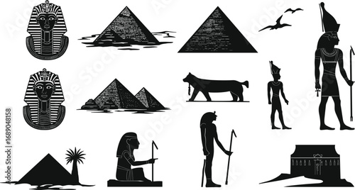 Ancient Egyptian symbols, pharaoh masks, pyramids, gods and goddesses, temple, hieroglyphics, mythology, desert palm, cultural heritage, history