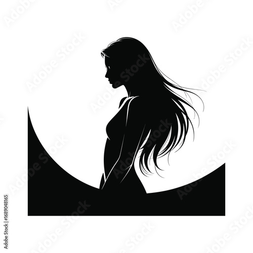Elegant Woman Silhouette Illustration with Long Flowing Hair in Profile Isolated