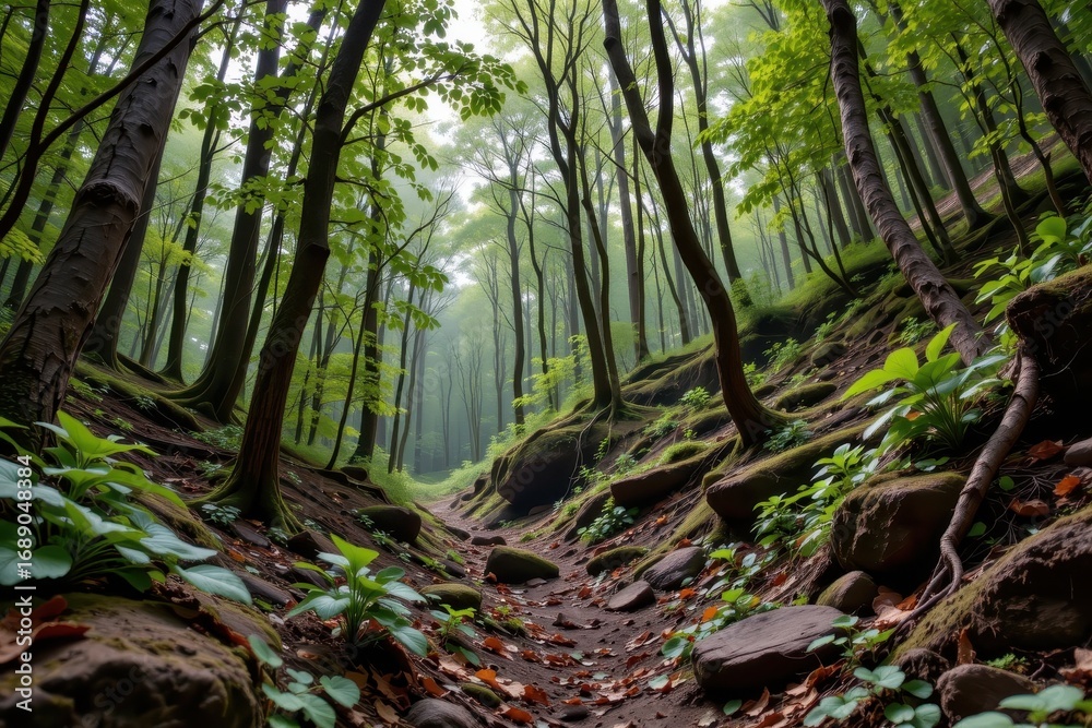 Obraz premium dense forest with vines wrapping tree trunks, reducing soil erosion and stabilizing slopes, cinematic photorealistic wide shot showcasing ecological role vividly