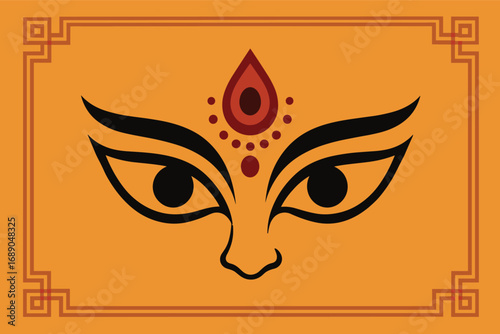 Vector Illustration of Goddess Durga Eyes with Ornamental Bindi and Traditional Sacred Puja Festival Design on Decorative Background