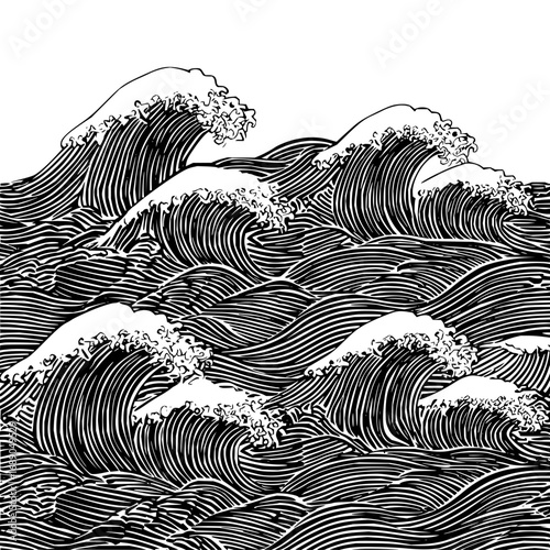 Intricate monochrome drawing showcasing a multitude of stylized ocean waves with foamy crests in detail