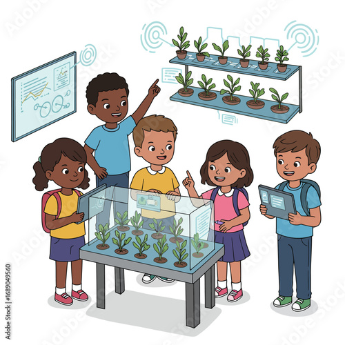 Young Innovators Exploring Sustainable Smart Farming Technology - Educational Vector Illustration