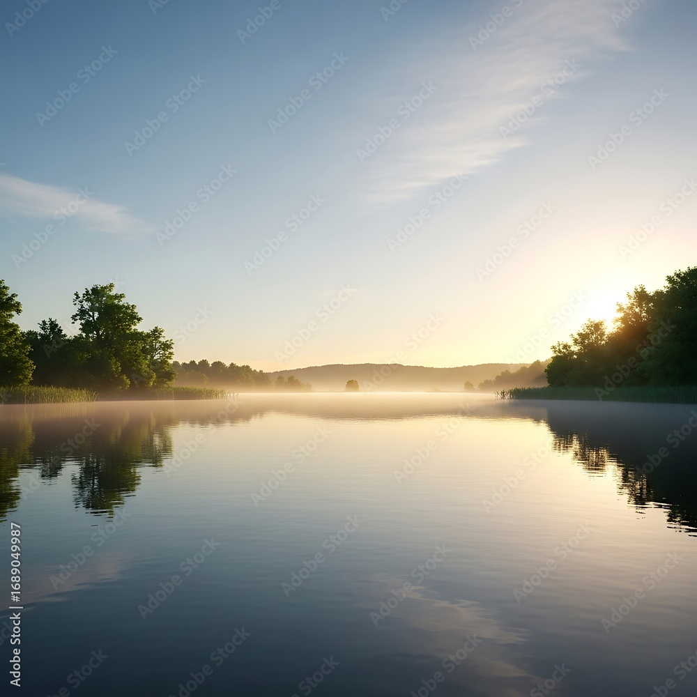 Fototapeta premium A serene lake scene at sunrise, showcasing calm water mirroring the tranquil sky and lush greenery along the shoreline, bathed in the soft, golden light of dawn.