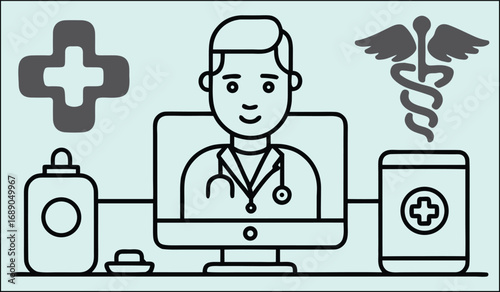 Vector art of doctor on computer screen with medical symbols and equipment