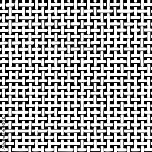 Woven pattern of intersecting white bars on a black background forming a textured surface design element