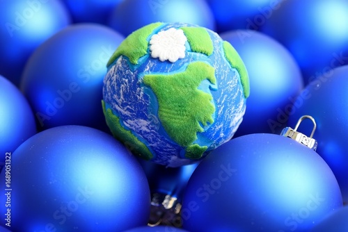 Globe Ornament Surrounded by Blue Christmas Balls - Earth Day Concept
