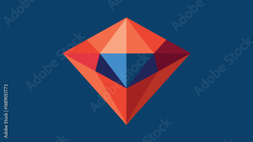 Geometric Gemstone Icon with Red Orange and Blue Facets on a Navy Blue Background jewel crystal