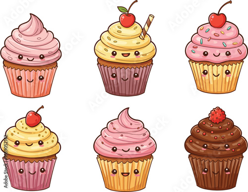 Cute cupcake characters collection, kawaii dessert mascot illustration, sweet bakery cartoon food, happy cupcake vector design, chocolate vanilla strawberry cupcake art