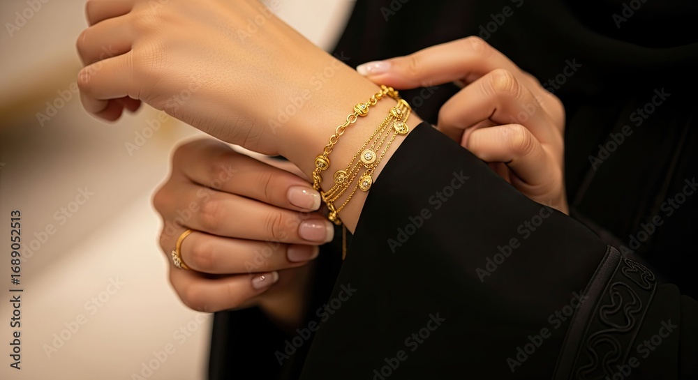 Obraz premium Graceful hands of a woman in a black abaya adjusting her collection of delicate and luxurious gold bracelets