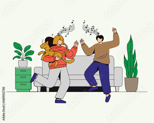 Domestic life and entertainment with a couple enjoying leisure time with their pet