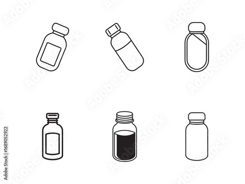 Black and White Outline Illustration of Medicine Bottles and Pill Containers for Medical and Healthcare Concepts