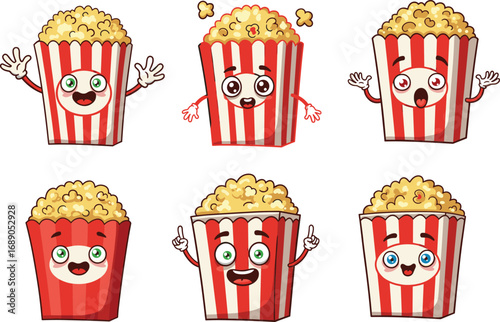 Cute popcorn bucket characters collection, funny cartoon food mascot, happy cinema snack illustration, kawaii popcorn vector design, movie popcorn art