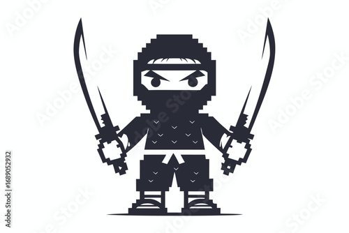 Pixelated Ninja Character with Swords on White Background
